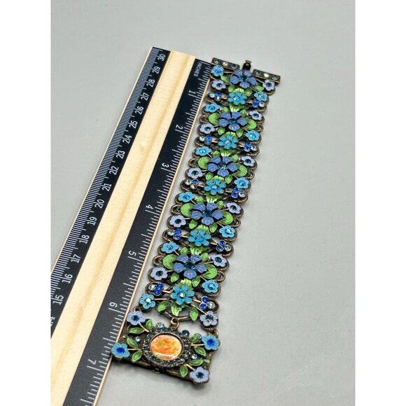 Wide Blue Enamel Flowers Bracelet Unsigned MX Michael Morrison Designer Jewelry - Picture 6 of 6